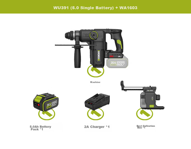 WORX 20V Cordless Lithium Battery Hammer Drill WU391.9 (Bare Tool) Rechargeable Impact Drill Concrete Electric Tool 23