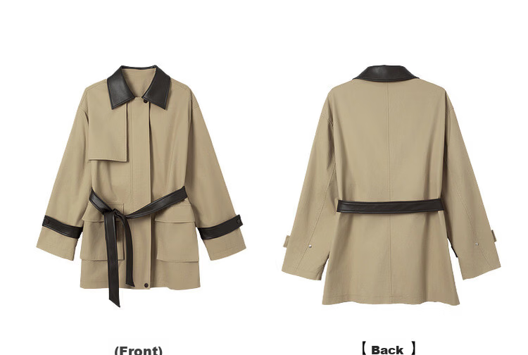 Demana Pure Cotton Barn Style Autumn Color-Block Lapel Splicing PU Patch Pocket Loose Slim Fit Women's Jacket Premium Quality 20