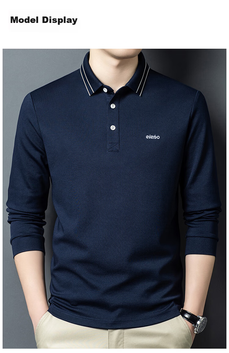 Edenbo Men's Long Sleeve Polo Shirt Cotton Mulberry Silk Black 185/100A (3XL) 11