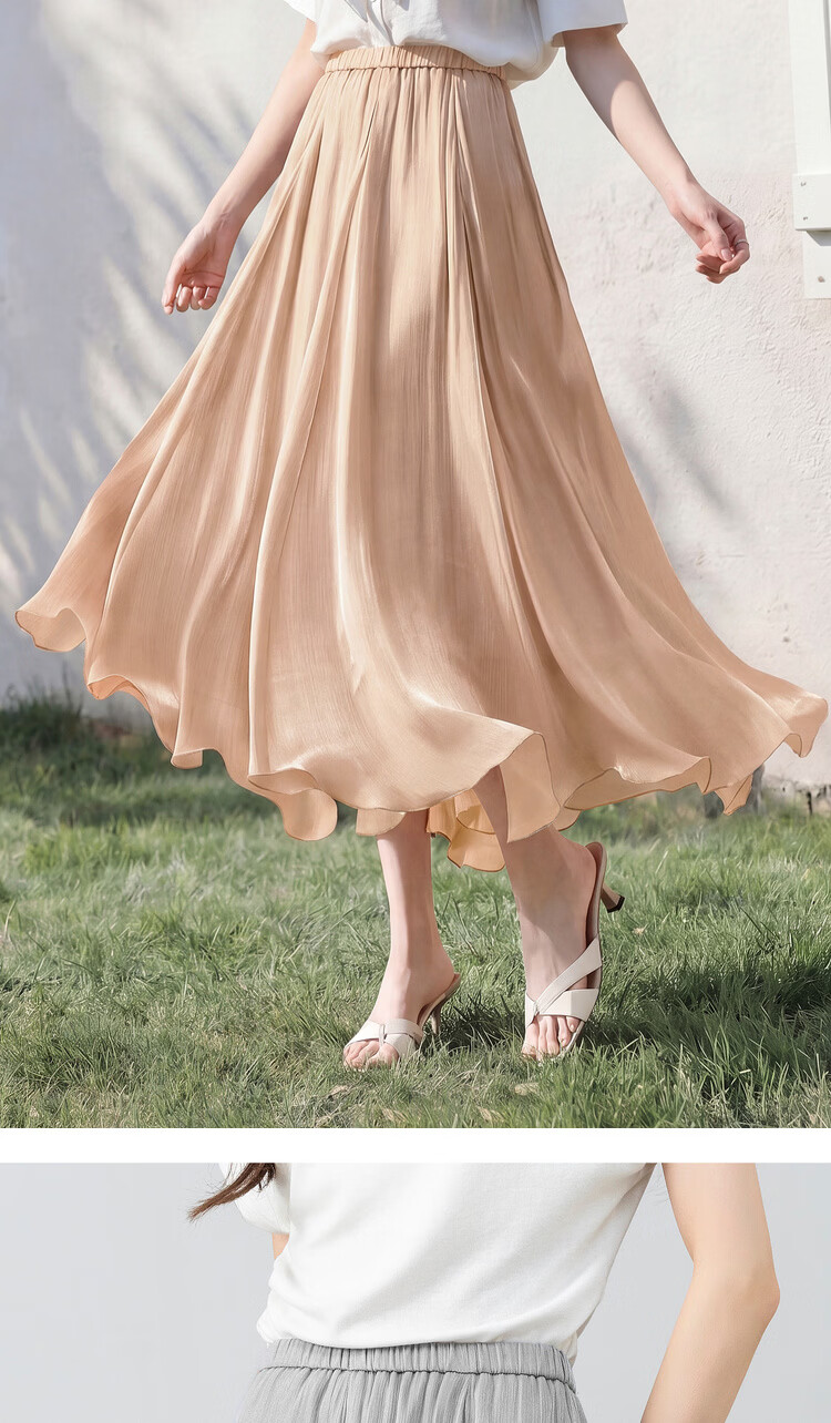 Shangdu Bila Elegant Radiant Half Skirt for Women Summer Soft Style Slimming A-Line Skirt Lightweight Draped Elastic Waist Flared Skirt 24