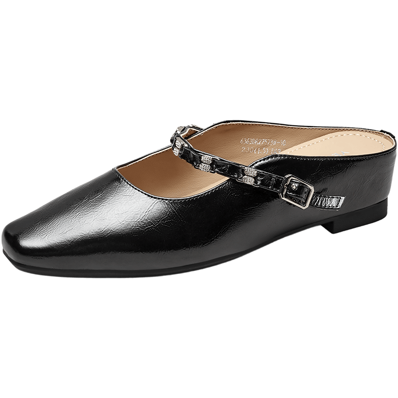 Eierkang Women's Genuine Leather French Style Open Toe Half Slippers, Slip-On Mules with Hidden Heel, Model 27573W Black Size 35
