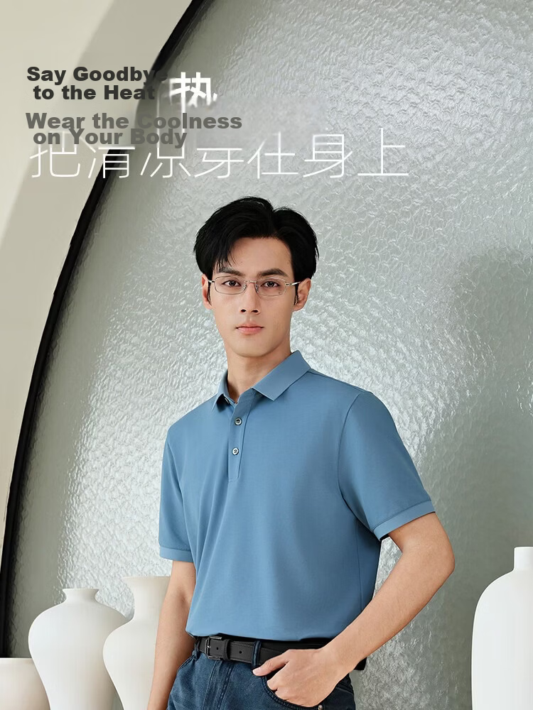 YOUNGOR Short Sleeve Polo Shirt Business Casual Solid Color Machine Washable Mulberry Silk Linen Lapel Light Purple 513144 XL 6