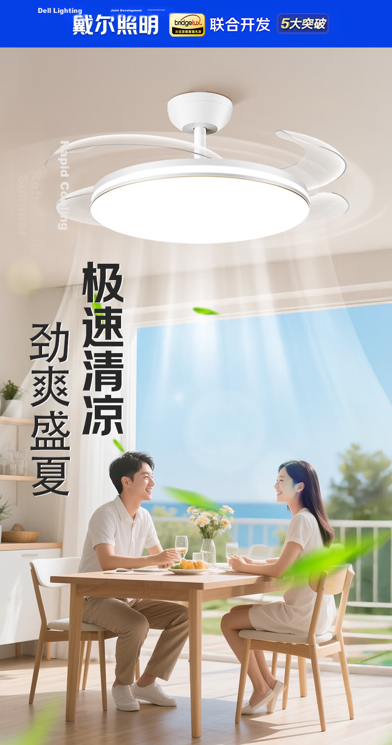 Dell Invisible Fan Light Eye Protection Fan Light Large Airflow Fan Light for Dining Room Living Room Bedroom with Electric Fan Integrated Silent Fan Light 1
