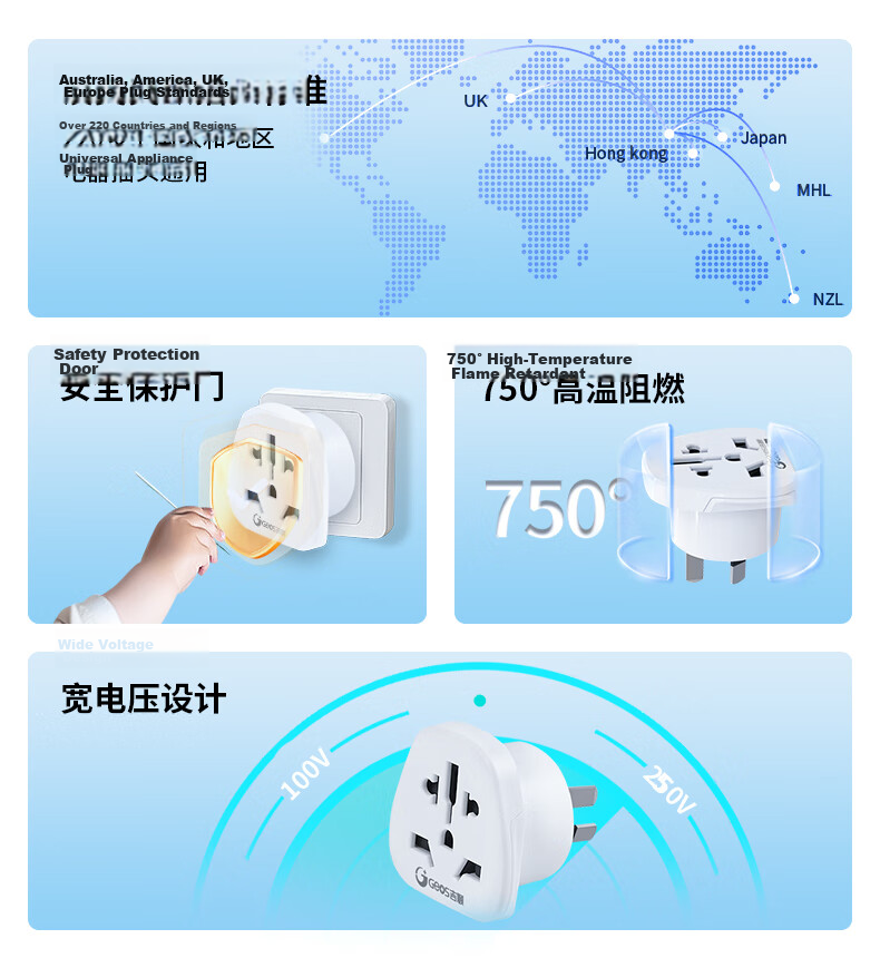 JS JISHUN Australian to UK US EU DE JP Plug Adapter Converter for Foreign Appliances Domestic Use Companion 2