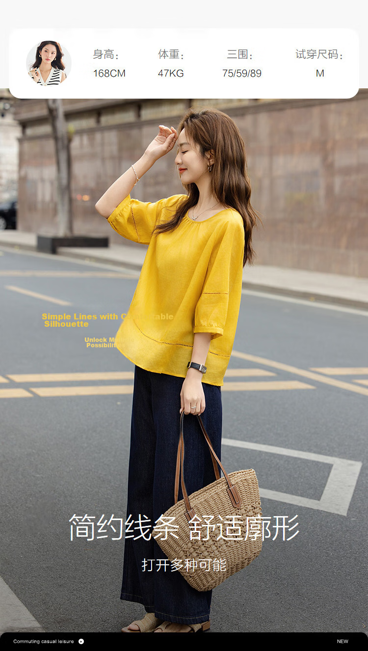 Demana [Ramie Lyocell Blend] Summer Round Neck Hollow Out Small Lace Loose Slimming Concealing Shirt for Women Premium Feel 9