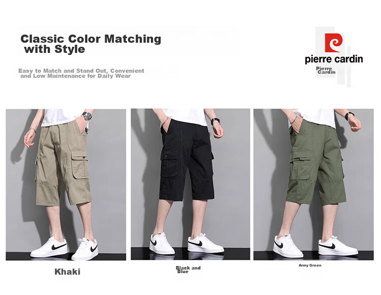 Pierre Cardin Men's Workwear Cargo Shorts Summer Outdoor Casual Straight-Leg Cotton Capri Pants Khaki XL 5
