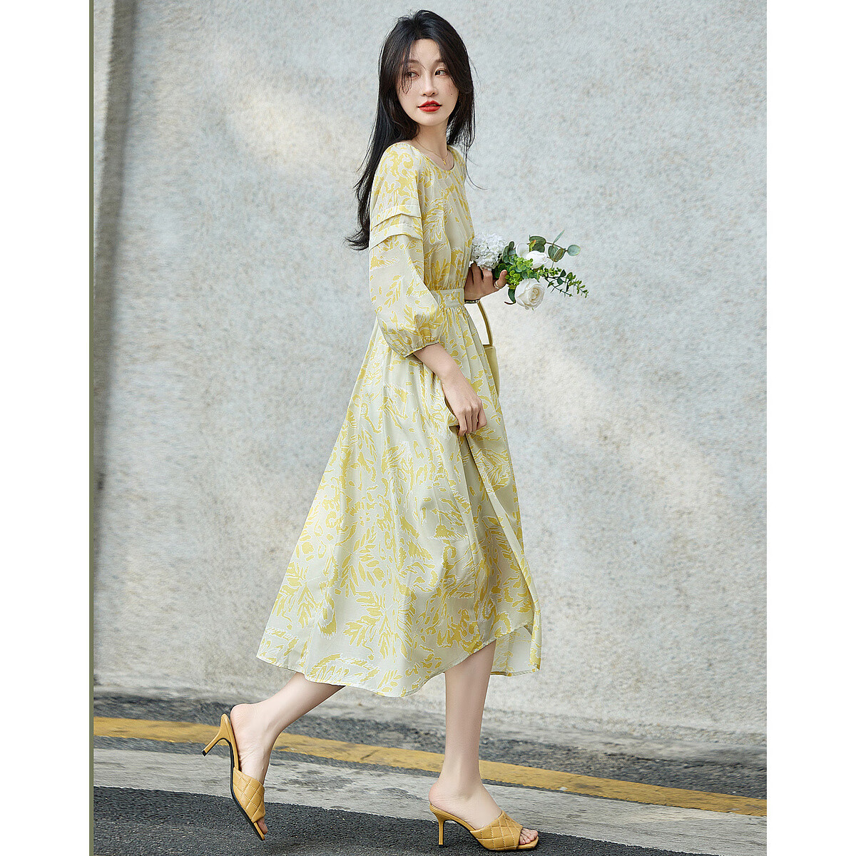 Dme [French Mint Mambo Tea Break Dress] Spring And Autumn Holiday Style Round Neck Printed Seven-Quarter Sleeve Midi Dress for Wome