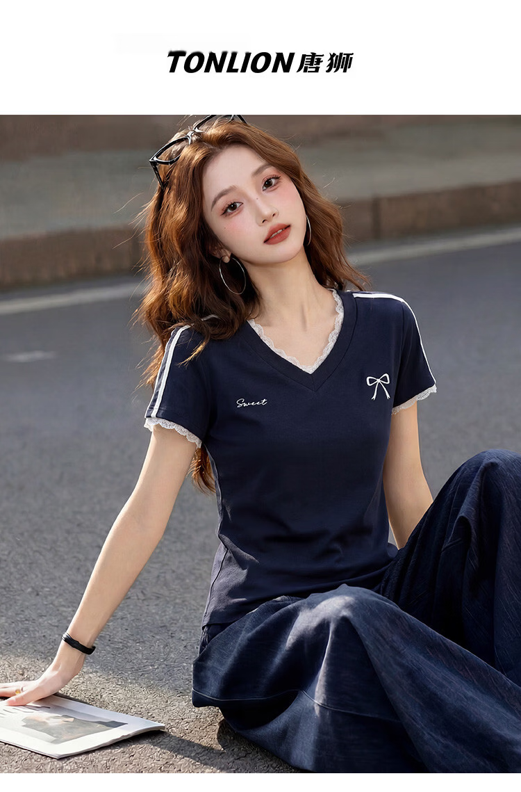 TonLion [Cool Touch] 2026 Summer Women's Lace Short-Sleeve T-Shirt, V-Neck, Slim Fit, Elegant Women's Tee 1