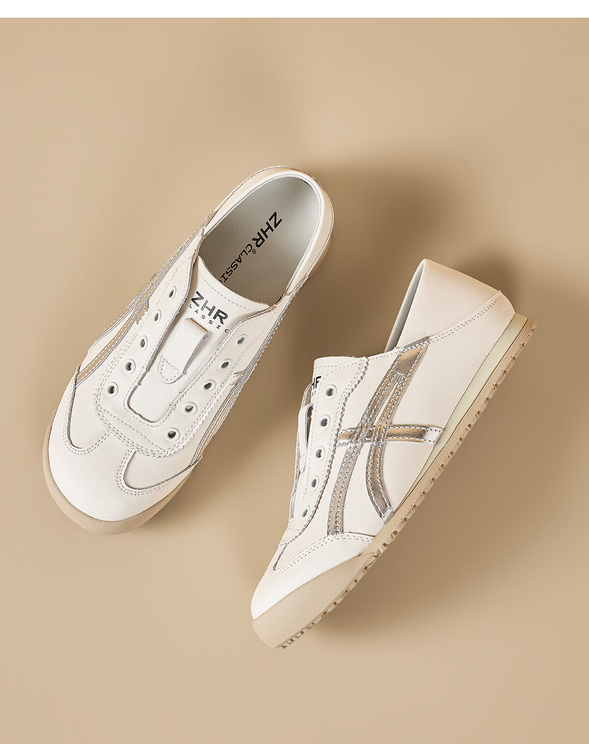 ZHR Dexun Women's Lightweight Flat Sneakers, Slip-On Casual White Shoes, BT103, Beige And Silver, Size 37 23