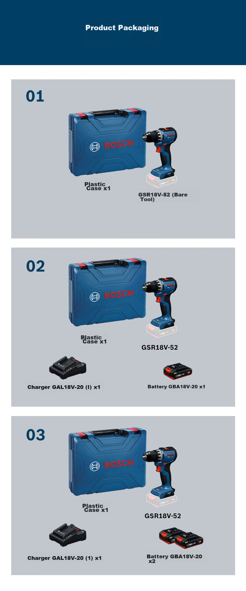 BOSCH Cordless Lithium Battery Screwdriver Drill GSR 18V-52 with Dual 2.0Ah Batteries 12