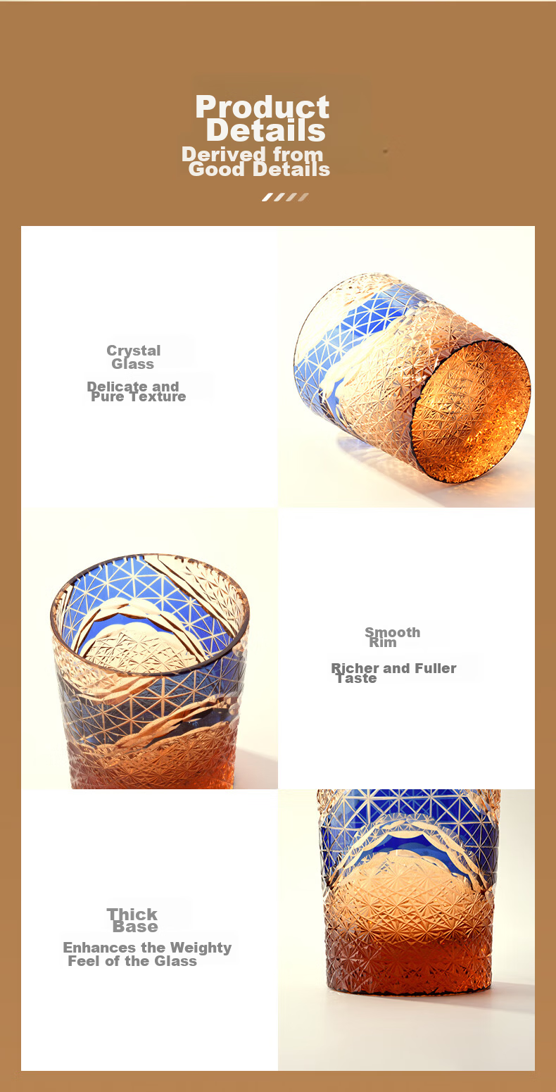 CLITON Full Mountain Chrysanthemum Amber Whiskey Glass Hand-Cut Crystal Liquor Glass Rock Spirit Glass Cup 9