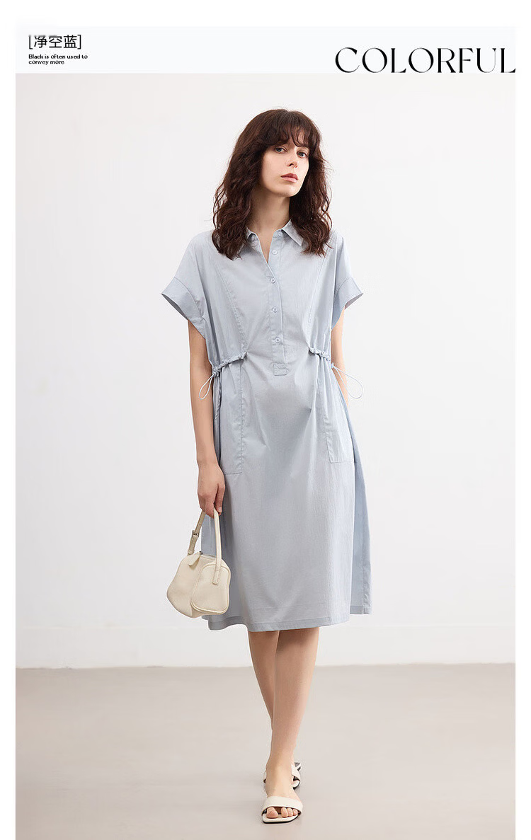 Demana [Cloud Cotton Whisper] Summer Simple Style Lapel Half-Placket Drawstring Waist Loose Casual Mid-Length Dress for Women 3