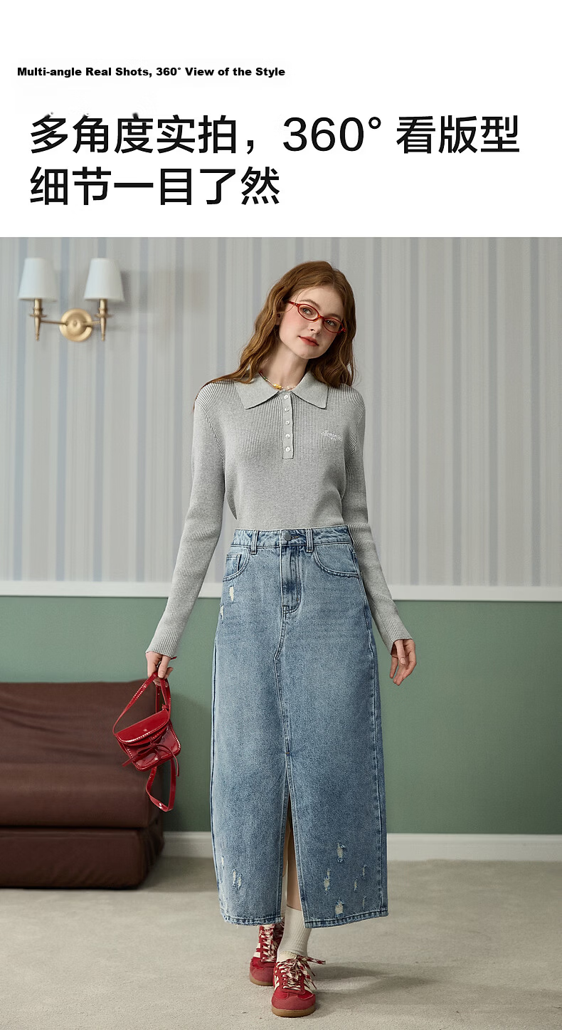 TonLion 2026 Spring Women's Split Denim Skirt Light Blue S 7