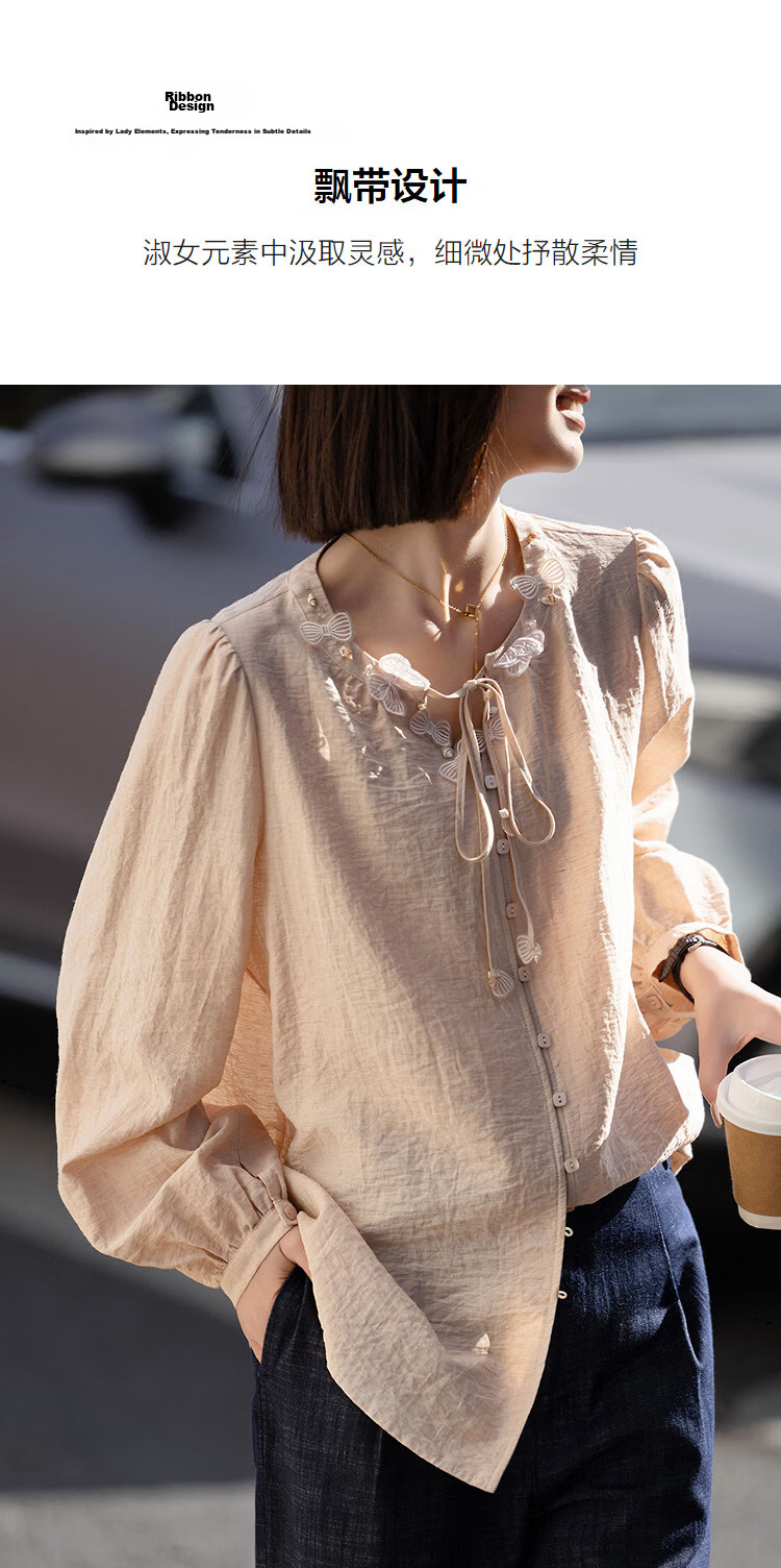 Demana [With Linen] Spring Sweet Style Ribbon Butterfly Shell Puff Sleeve Loose Fit Petite Women's Shirt 7