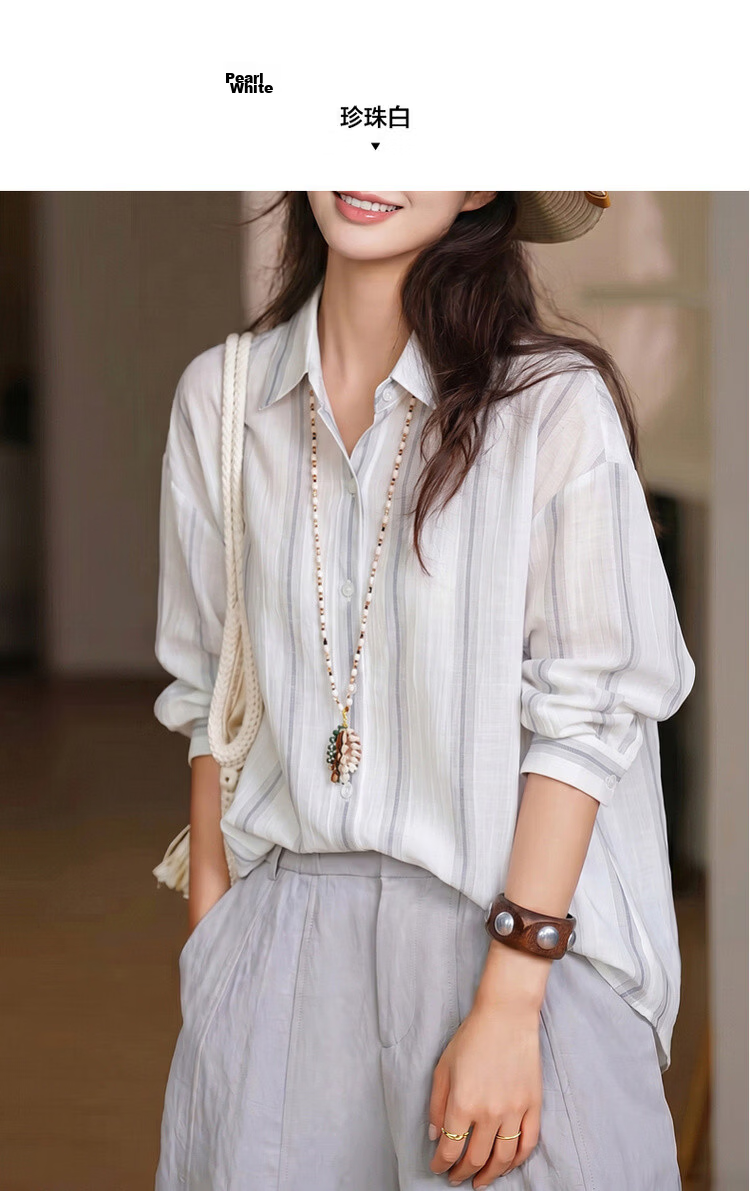 Dme [Lightweight Lyocell] Autumn Simple Style Striped Texture Lapel Long-Sleeve Loose Outer Wear Relaxed Women's Blouse 10