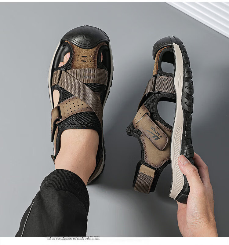 Warrior Men's Summer Breathable Sandals Closed-Toe Beach Commuter Shoes WSL(WZ)-1755 Khaki Black Size 39 12