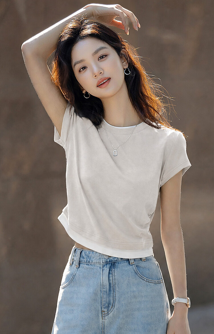 Demana [with Lyocell] Summer Elegant Colorblock Crew Neck Short Sleeve Slim Fit T-Shirt for Petite Women 26