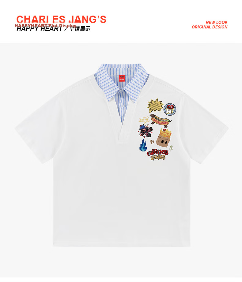 Charles Peach Heart Summer Fake Two-Piece Fun Badge Print Couple Pure Cotton Short Sleeve Polo Shirt Unisex Off-White XS 17