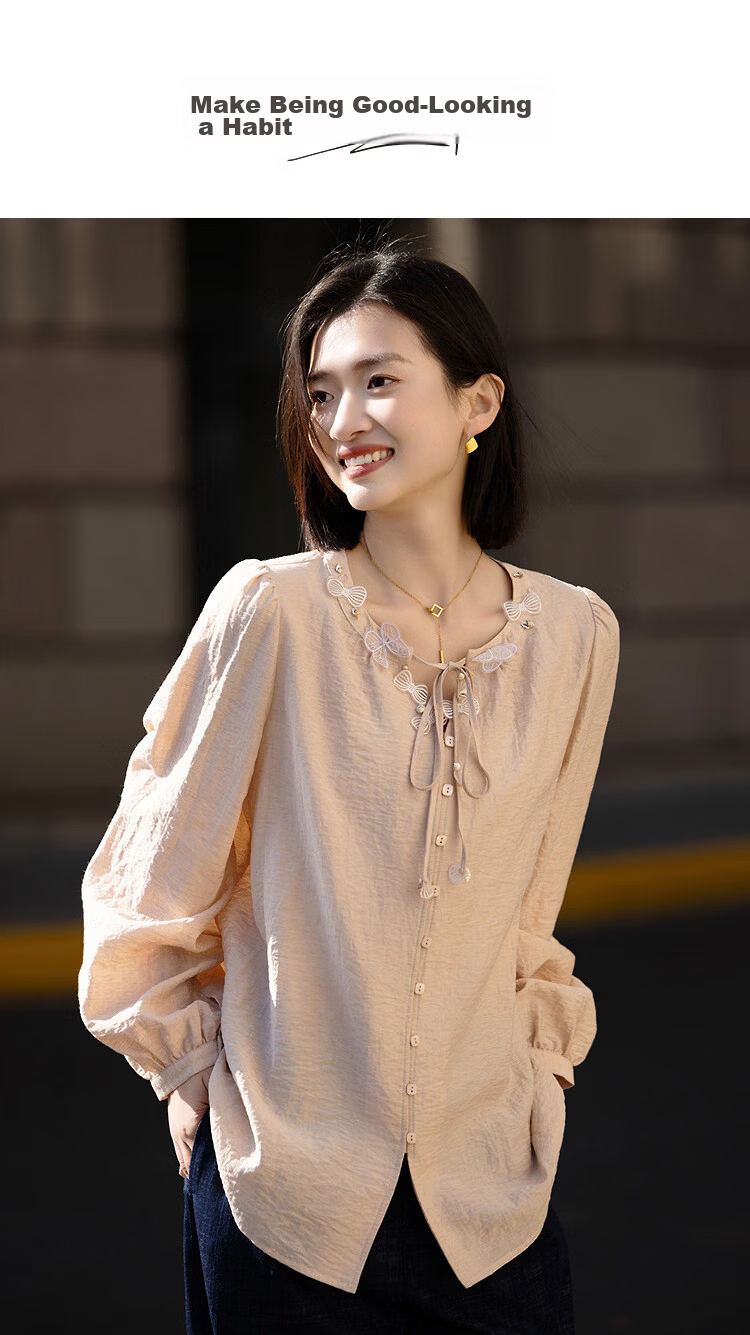 Demana [With Linen] Spring Sweet Style Ribbon Butterfly Shell Puff Sleeve Loose Fit Petite Women's Shirt 1