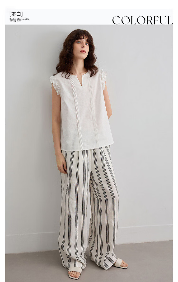 Demana [With Linen Cotton] Summer Elegant Commuter V-Neck Ruffled Loose Blouse for Women 3