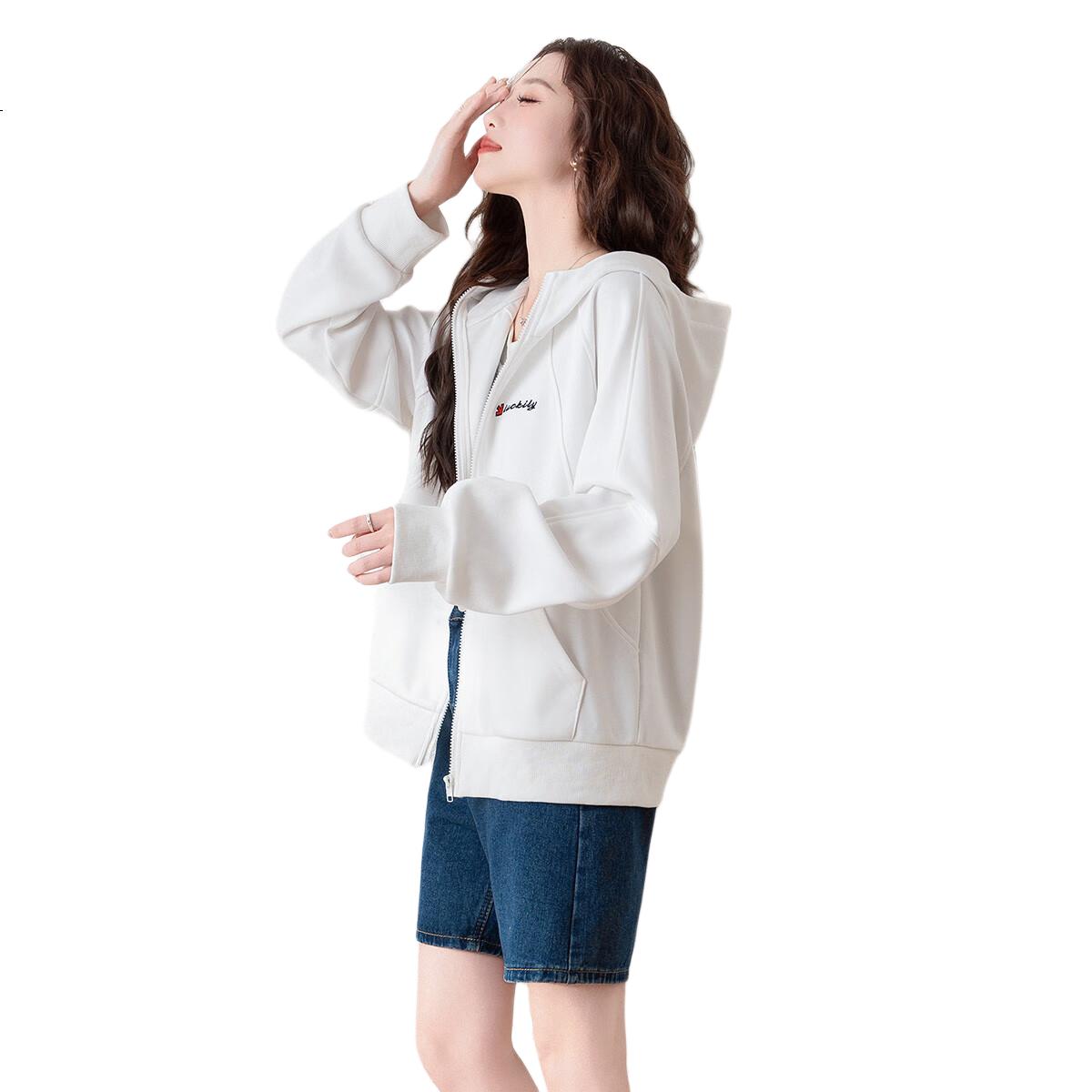 TonLion 2025 Spring Women's Hooded Short Letter Print Sweatshirt Jacket Off-White L