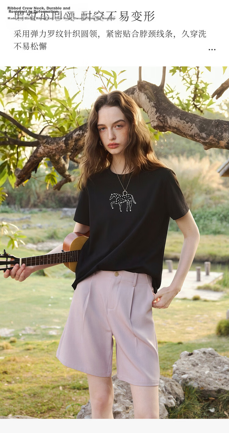 Olrain Summer New Pure Cotton Casual Loose Women's Printed Design Commuter Short Sleeve T-Shirt Black XL 6
