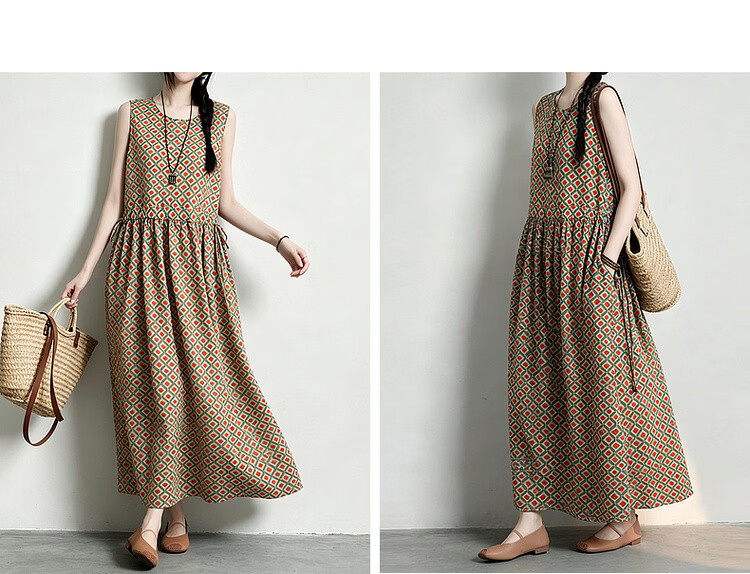 Demana [Artistic Forest Girl] Summer Ethnic Style Printed Round Neck Sleeveless Drawstring Slim Fit Dress for Women Premium Quality 19