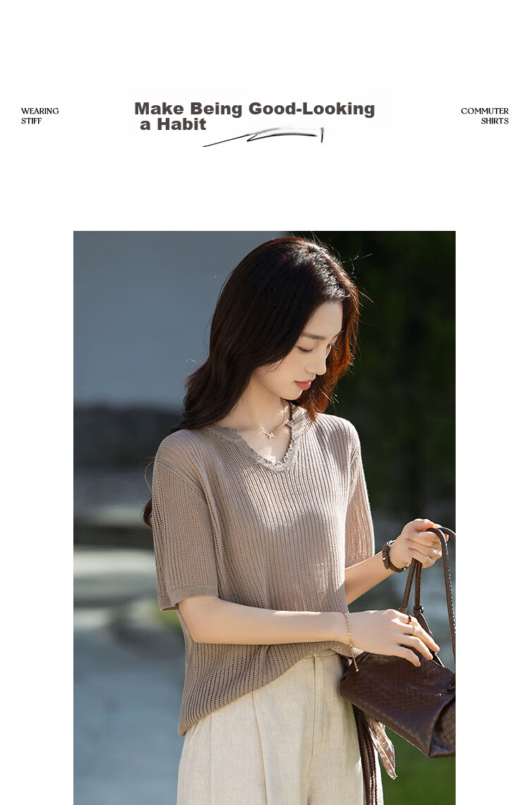 Demana [Breathable Tencel] Summer Elegant V-Neck Hollow Jacquard Slim Fit Short Sleeve Knit Top for Women Premium 13