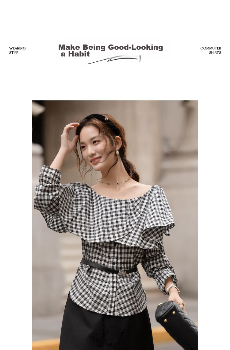 Demana [Cloud Soft Cotton Blend] Spring Off-Shoulder Ruffle Side Ruched Plaid Petite Women's Shirt 9