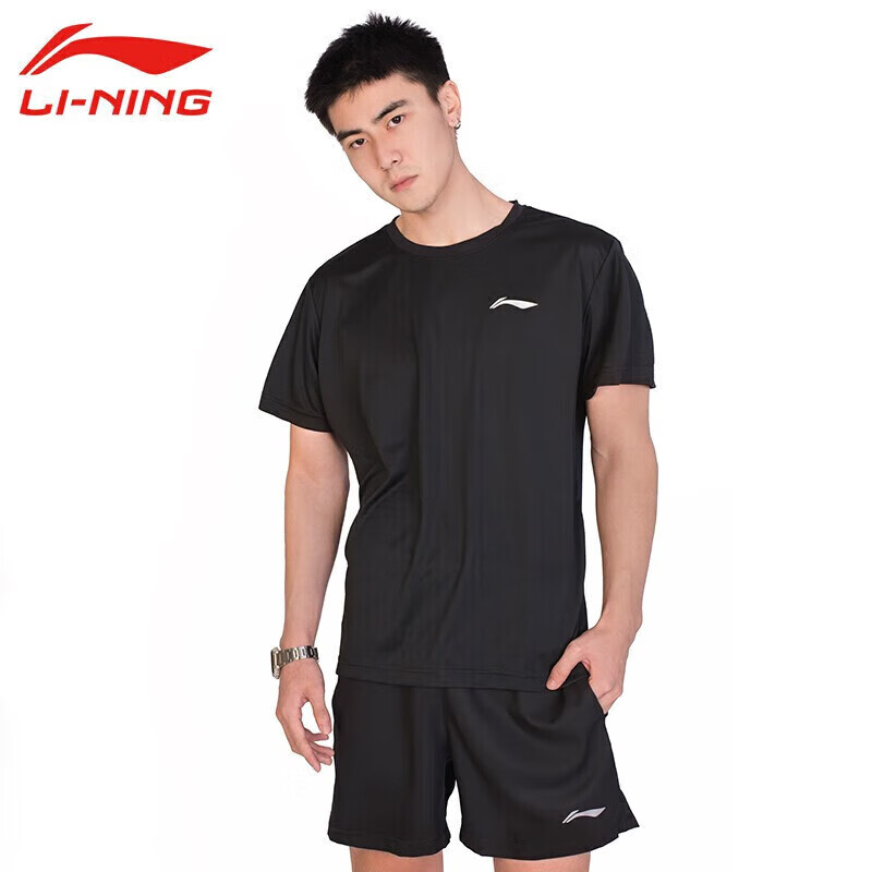 Li-Ning Badminton Short-Sleeve Shirt, Quick-Dry Elastic Sports Top for Spring And Summer, Simple Casual Style, Black ATSP503-1, XL