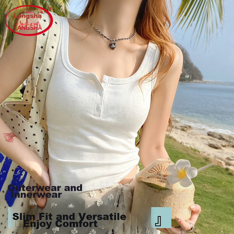 Langsha Spicy Girl American Style Ribbed Button Slim Fit Tank Top for Women