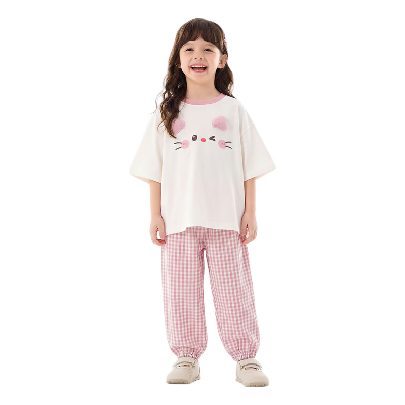 Dudu Kids Summer Set Loose Boys Short Sleeve T-Shirt Girls Casual Pants Baby Two-Piece Set Cornelian Cherry Pink 110