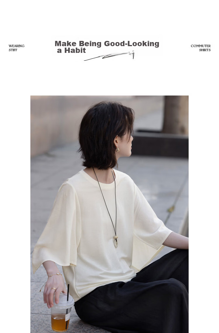 Demana [Lyocell] Summer Elegant Round Neck Three-Quarter Bell Sleeve Loose Slim Fit Petite T-Shirt for Women Premium Quality 9