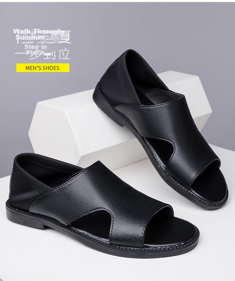 Jingzhenlianggong Men's Summer Sandals Dual-use Slippers Non-slip Soft Sole Beach Shoes Black [Leather Texture] Size 38 15