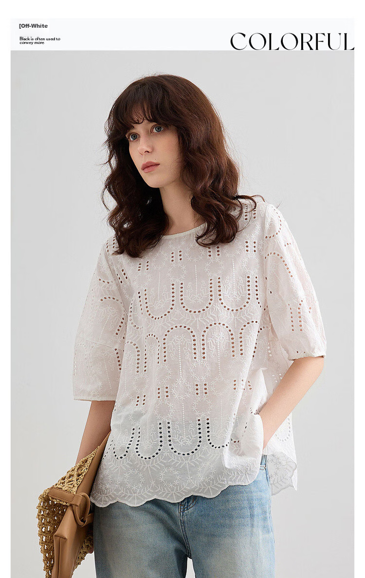 Demana Pure Cotton Light Life Summer Artistic Lace Embroidered Round Neck Shirt with Hem Lace Short Sleeve Blouse for Women 3