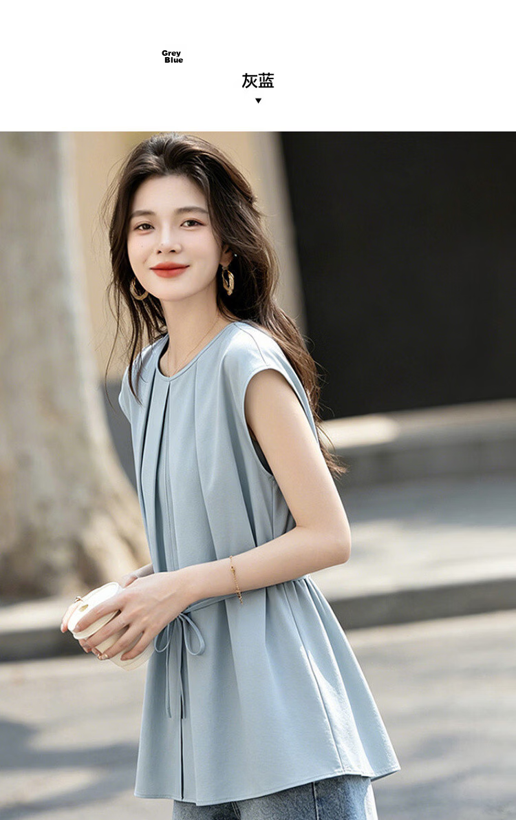 Demana Sun Protection Quick-Dry Sorona Summer Simple Style Pleated Round Neck Cap Sleeve Self-Fabric Belt Shirt for Women Premium Feel 9