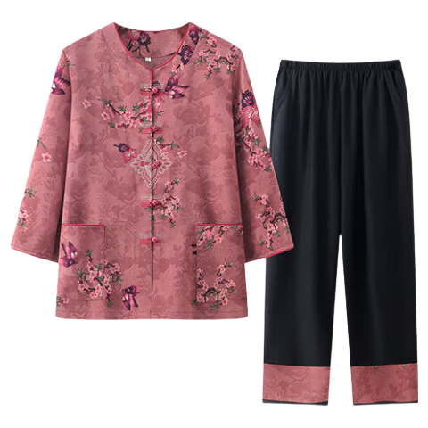 Fengxiao Grandma Summer Outfit Middle-aged and Elderly Women's Short Sleeve Two-piece Set for 60-70 Year Olds Loose Cardigan