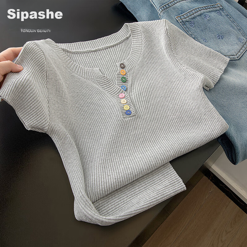 Cypress V-Neck Knitwear 2026 Summer New Women's Fresh Artistic Design Pullover Short Sleeve Top