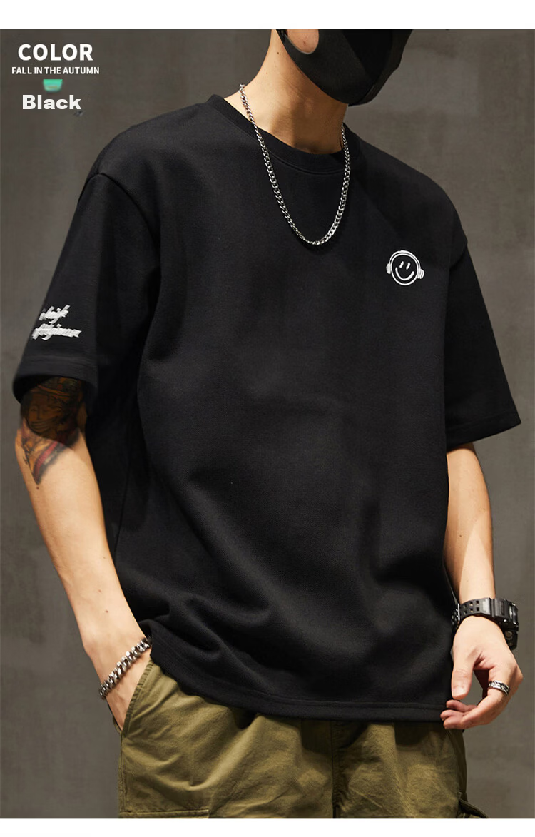 Pierre Cardin Men's Short Sleeve T-Shirt Summer Trendy Smiley Embroidery Loose Fit Crew Neck Heavyweight Cotton Top Dark Gray M 13