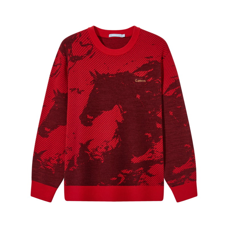 CABBEEN Year of the Horse Auspicious Totem Jacquard Heated Antibacterial Men's Sweater 2026 Spring Soft Wool Blend Long Sleeve Knitwear