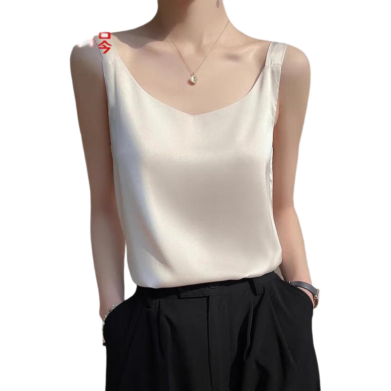 GUJIN Ice Silk Camisole for Women, Satin Inner Wear, Sleeveless, Beautiful Back Design, Versatile Outer Wear, Suitable for Blazer, Base Layer Top, White, XL