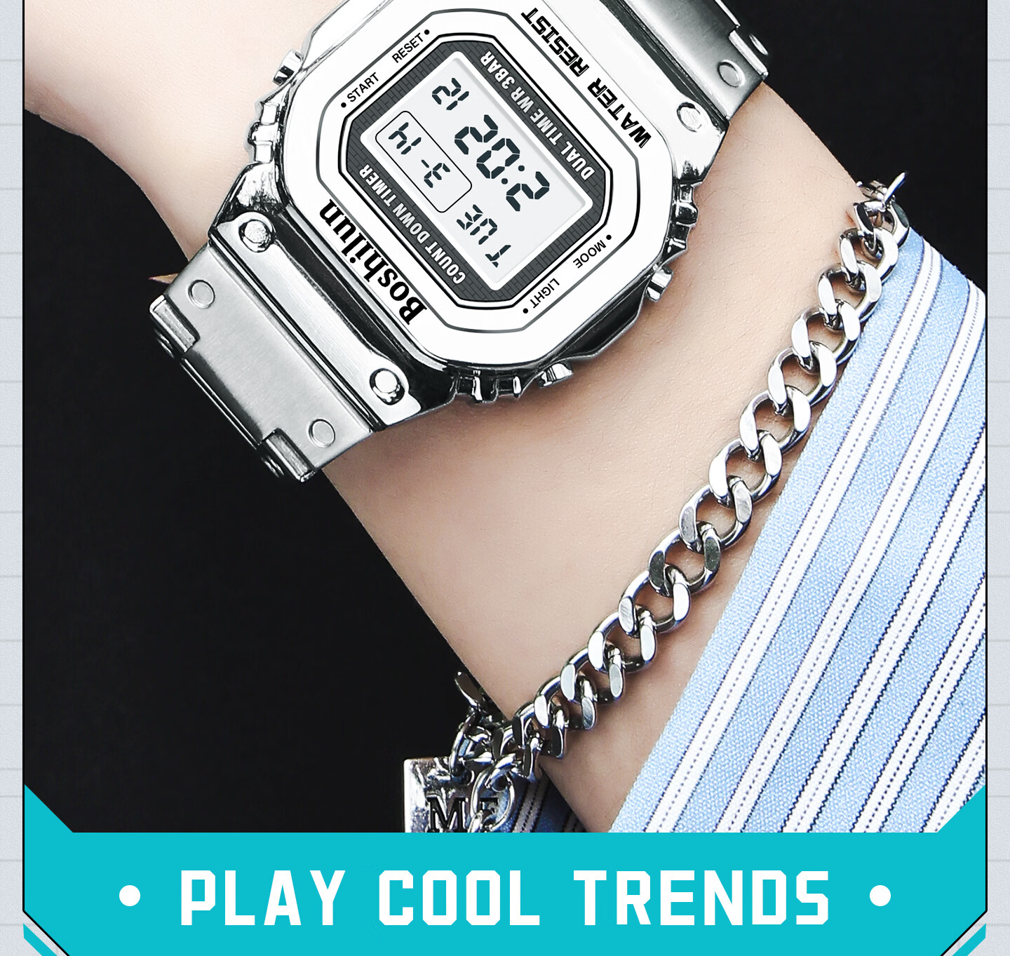 Bausch & Lomb Men's Watch Student Small Square Fashion Trendy High School Alarm Waterproof Multifunctional Sports Digital Watch 3