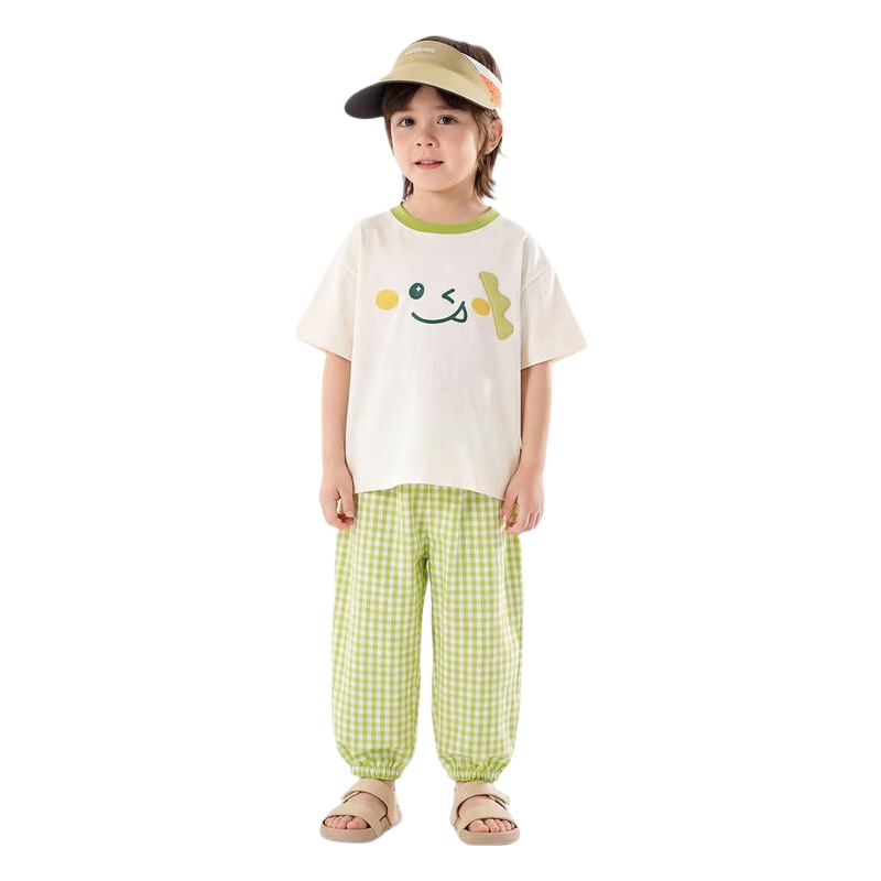 Dudu Kids Summer Set Loose Boys Short Sleeve T-Shirt Girls Casual Pants Baby Two-Piece Set Yellow-Green 120