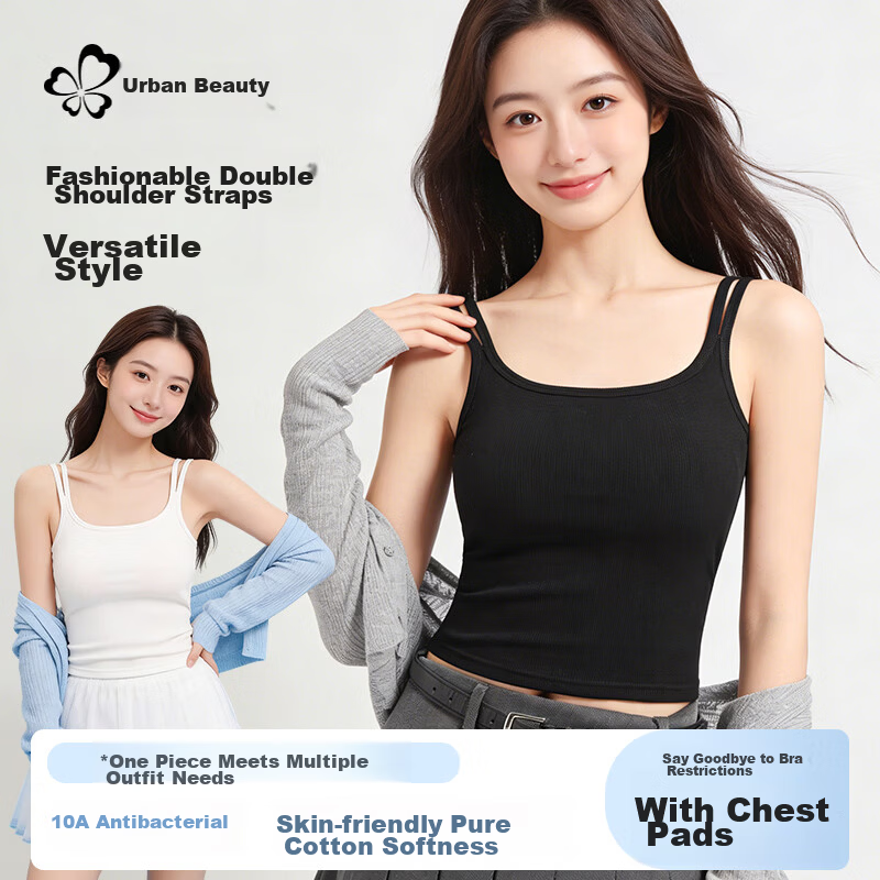 Urban Beauty Pure Cotton Double Strap Camisole Vest with Chest Pad, Sleeveless Slim Fit Backless Outerwear Top for Women