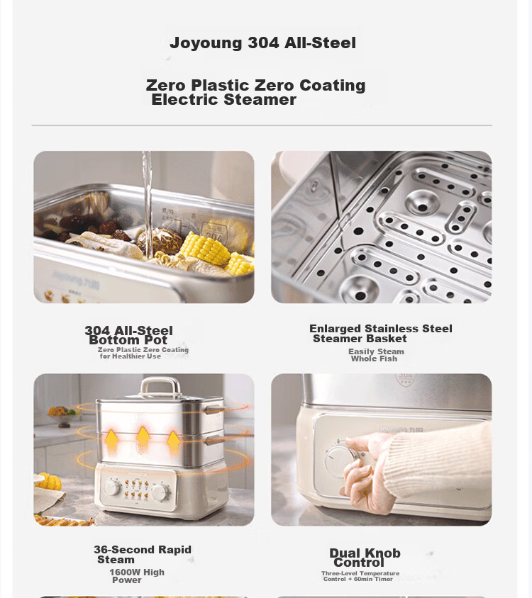 Joyoung 18.5L Large Capacity Electric Steamer, 0 Coating 304 Stainless Steel Electric Hot Pot, 1600W High Power Rapid Steam Multifunctional Electric Cooker DZ180HG-GZ928 1