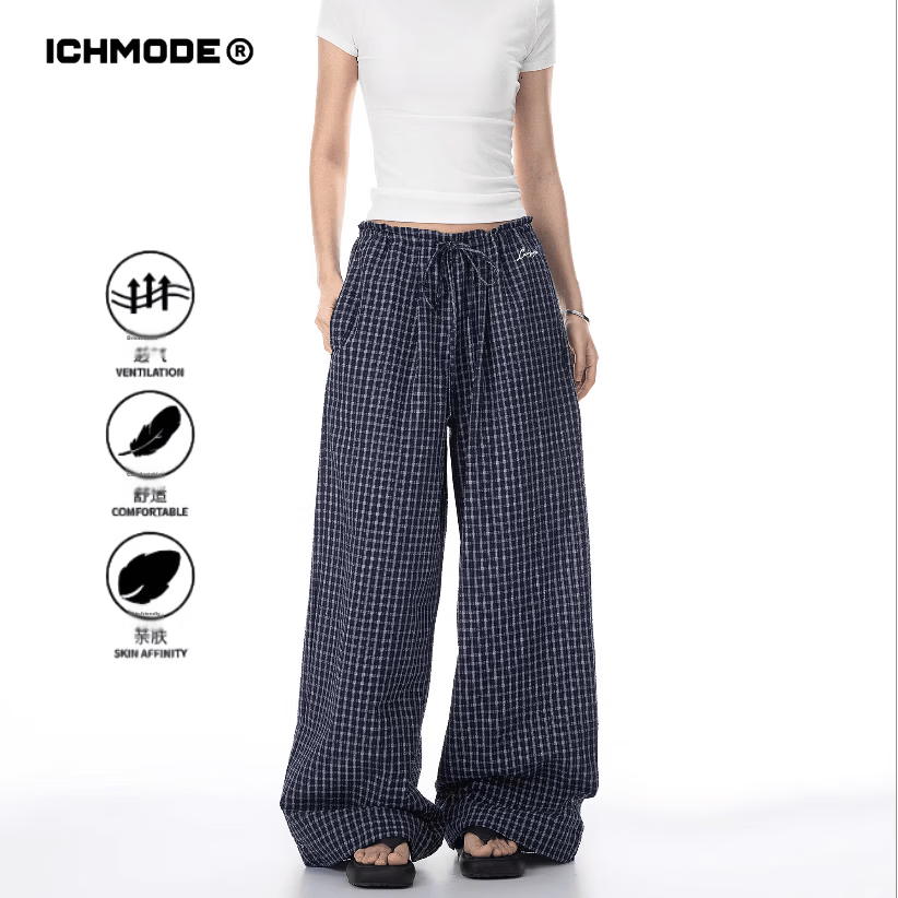 ICH MODE Women's American Style Plaid Summer Loose Wide-Leg Straight-Leg Sports Casual Pants Navy Blue S