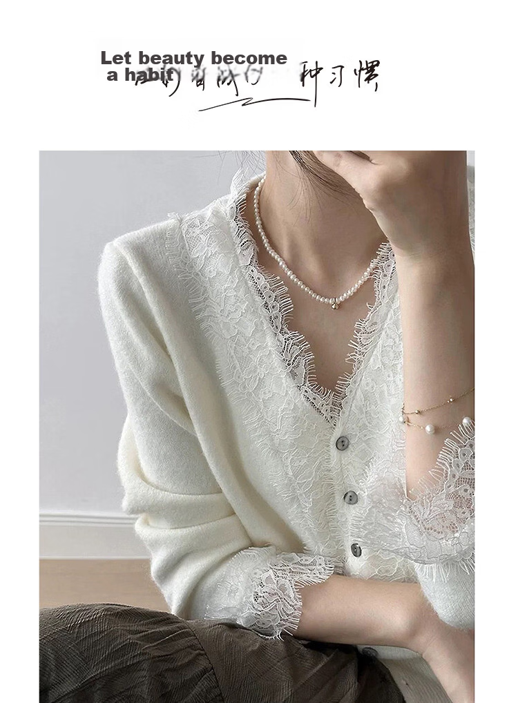 Demana Spring Elegant V-Neck Lace Trim Wool Blend Slim Fit Knit Cardigan for Women 1