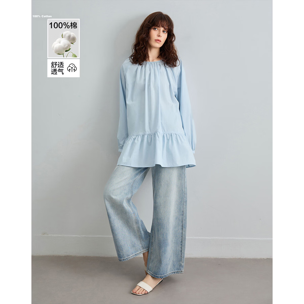 Demana [Pure Cotton Poplin] Spring Elegant Round Neck Mid-Length Doll Shirt Loose Small Size Blouse for Women