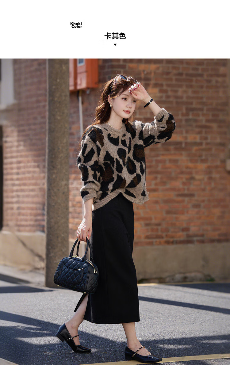 MT Leopard Print Vintage Style Winter Round Neck Jacquard Wool Blend Loose Knit Sweater for Women 9