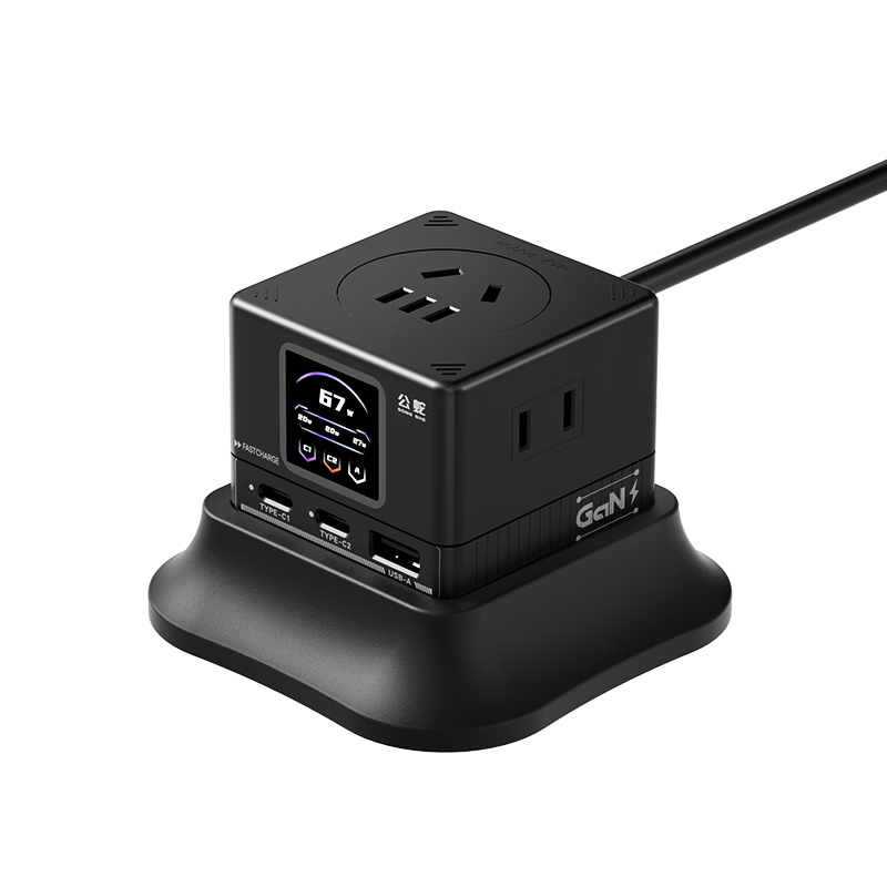 Gongshe 67W Desktop Charging Station Smart Digital Display Socket GaN Type-C Charger Compatible with Apple iPhone 17 iPhone 16 Fast Charging Gaming Power Strip Black Base Version